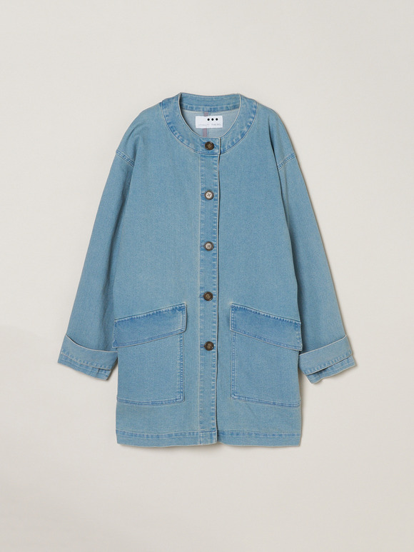 Denim collarless long jacket